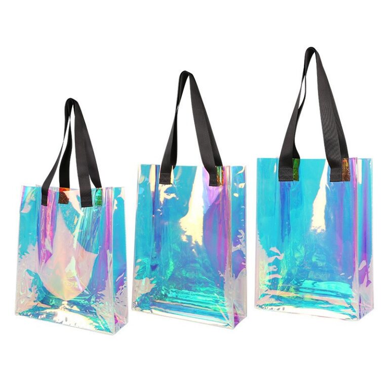 Plastic Woven Bags Iridescent Clear PVC Tote Bag with Laser Effect for Gifts